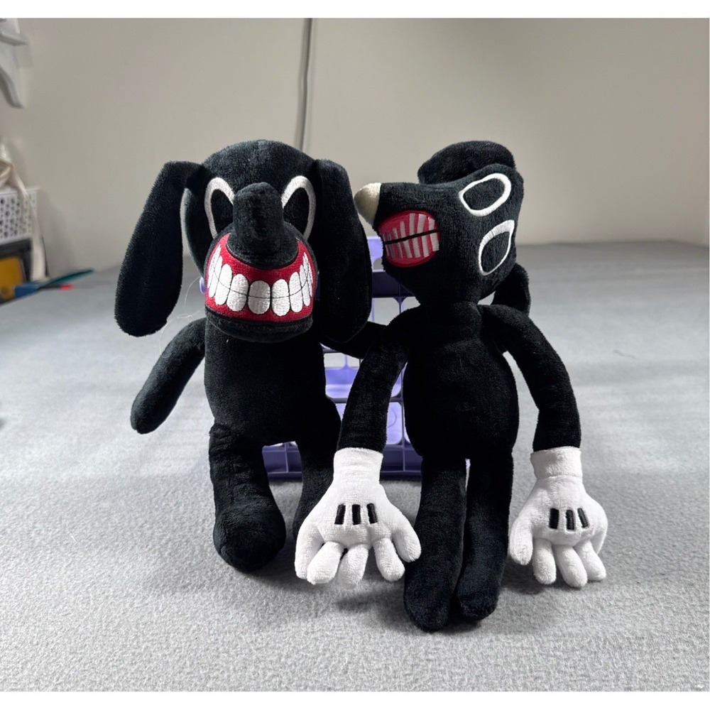 Creepy Black Dogs Plush Grinning Teeth Sideways Head Horror Scary Stuffed Animal